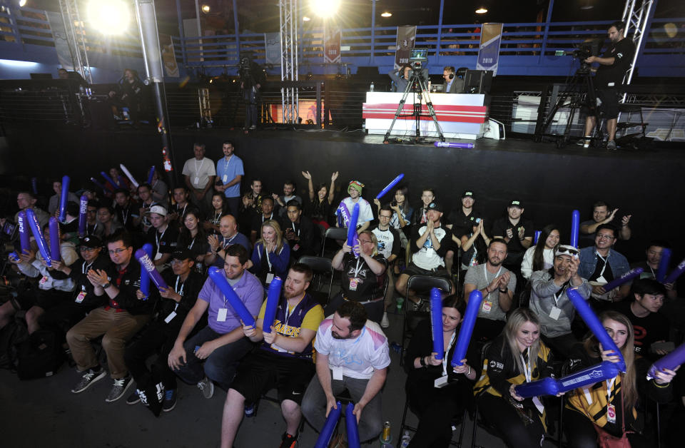 Esports fans cheer on student-gamers during the Collegiate StarLeague Grand Finals on Sunday, April 29, 2018, in Huntington Beach, Calif. (AP)