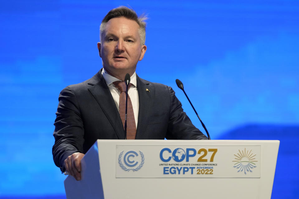 Christopher Bowen, minister of climate change and energy of Australia, speaks at the COP27 U.N. Climate Summit, Tuesday, Nov. 15, 2022, in Sharm el-Sheikh, Egypt. (AP Photo/Peter Dejong)