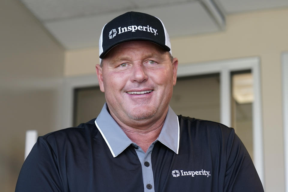 Roger Clemens, seven-time Cy Young Award winning pitcher, talks about his son Kody Clemens, who is to make his debut with the Detroit Tigers in the major leagues against the Minnesota Twins in Detroit, Tuesday, May 31, 2022. (AP Photo/Paul Sancya)