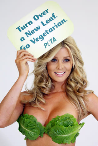 Model Sheridyn Fisher poses in a lettuce bikini for a PETA Australia ad to encourage people to go vegan on December 13, 2011 in Sydney, Australia. The model is encouraging people to go vegan to avoid animal suffering, lose weight and feel healthier. (Photo by Don Arnold/Getty Images)