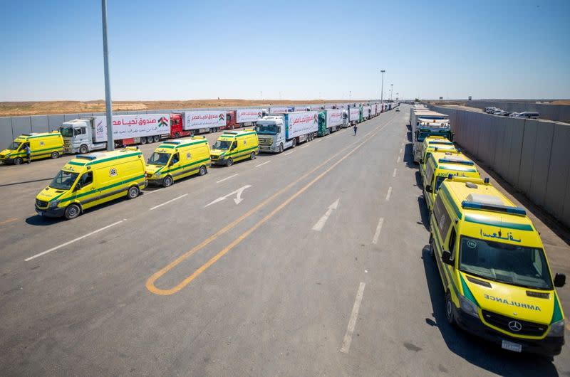 FILE PHOTO: An aid convoy's trucks loaded with supplies send by Long Live Egypt Fund are seen at the Rafah border in Rafah