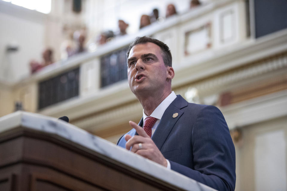 FILE - In this Feb. 3, 2020, file photo, Oklahoma Gov. Kevin Stitt delivers his State of the State address in Oklahoma City. When Oklahoma’s new Republican Gov. Stitt, a Cherokee Nation citizen, was elected in 2018, many tribal citizens embraced him. But now Stitt is facing fierce blowback for engaging in a battle with the tribes over casino gambling revenue, particularly from fellow tribal citizens. (AP Photo/Alonzo Adams, File)