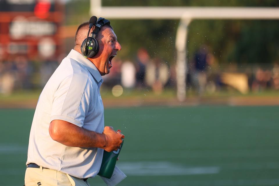 Powell head coach Matt Lowe reacts to a play against the Anderson County Mavericks on Aug. 18. Lowe challenges people to go from "acceptable" to best, says athletic director Adam Seymore.