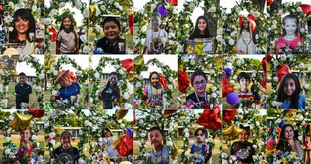 Getty Images De 19 kinderen en 2 leraren die omkwamen bij de massaschietpartij.  Van boven, van links naar rechts: Eva Mireles, 44, Tess Mata, 10, Rogelio Torres, 10, Jose Flores, 10, Maite Yuleana Rodriguez, 10, Jackie Cazarez, 9, Maranda Mathis, 10. (midden LR) Xavier Lopez, 10, Alexandria Aniyah Rubio, 10, Aliahana Cruz Torres, 10, Alithia Ramirez, 10, Jailah Nicole Silguero, 10, Uziyah Garcia, 10, Navaho Bravo, 10. (Ondermoeder LR) Makenna Lee Elord, 10, Annabell Rodriguez, 10, Amerie Jo Garza, 10, Jayce Carmelo Luevanos, 10, Layla Salazar, 11, Aliahna Amyah Garcia, 9, en Irma Garcia, 48.