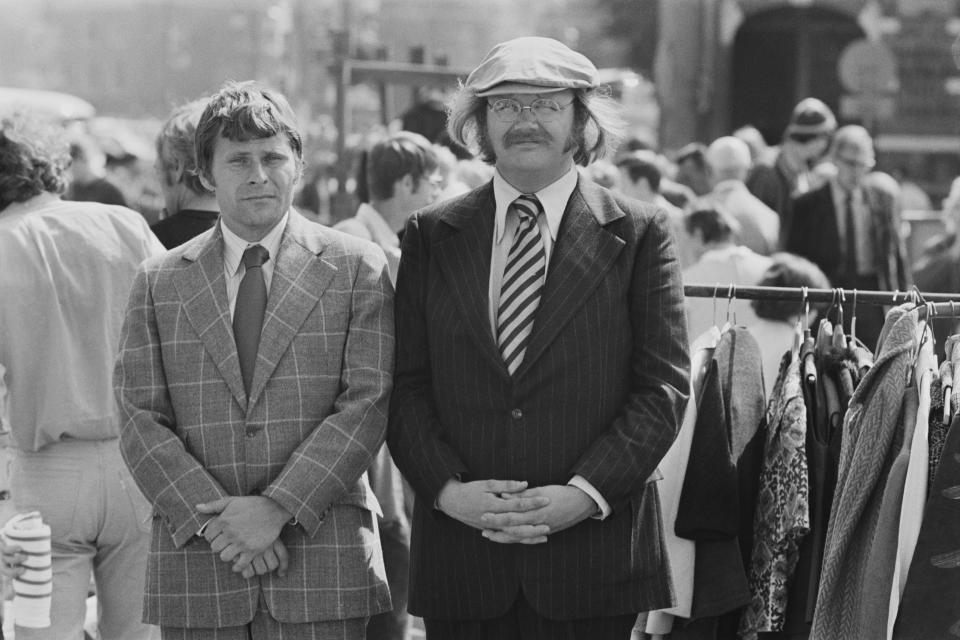 Actors Bruce Glover (left) and Putter Smith in Amsterdam for a location shoot on the latest James Bond film 'Diamonds are Forever', 4th July 1971. They play assassins Mr. Wint (W. Winter) and Mr. Kidd (Charles Kidd) in the film. (Photo by Jack Kay/Daily Express/Getty Images)