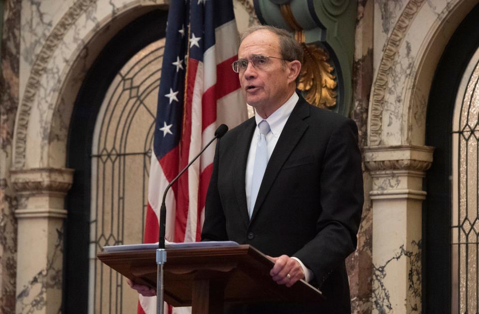 Lt. Gov. Delbert Hosemann addresses the Mississippi Senate as they convene for the noon start of the 2023 legislative session at the state Capitol in Jackson, Miss., Tuesday, Jan. 3, 2023.