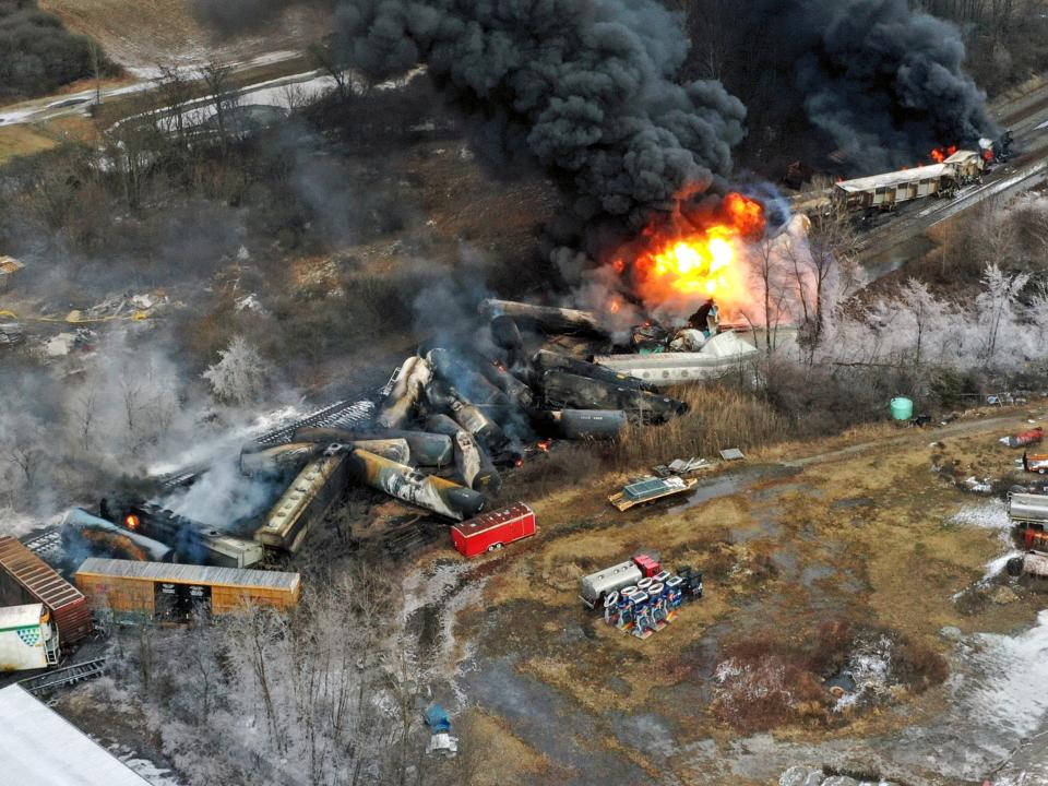 aerial image if derailed train on fire