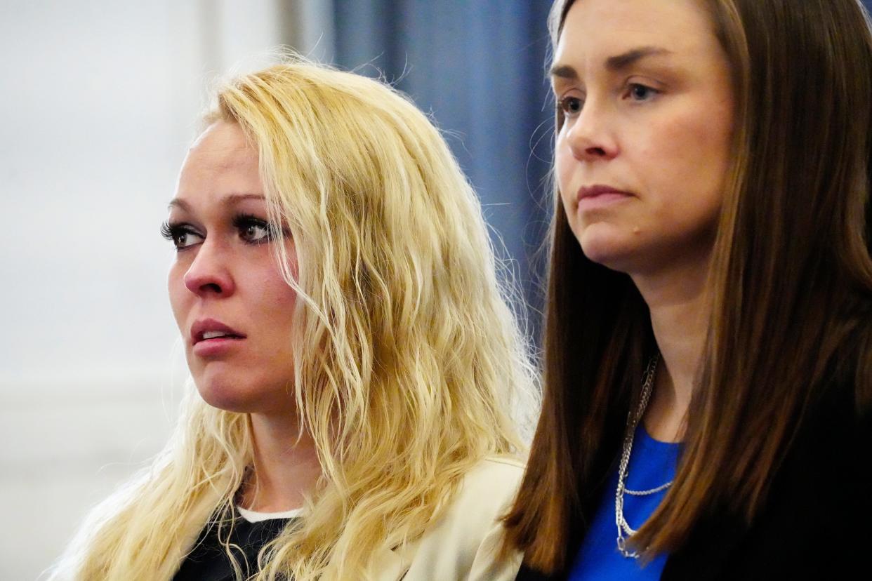 Samantha Davis, 32, at left, with her attorney, Kara Blackney, during her sentencing Monday in front of Hamilton County Common Pleas Judge Leslie Ghiz.