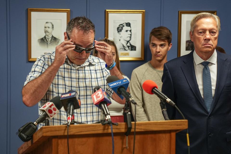 Matt Shahnavaz talks about how his son, Elwood police officer Noah Shahnavaz, used to avidly wear sunglasses on Wednesday, Aug. 17, 2022, at the government center in Anderson, Ind., during a press conference where the Madison County Prosecutor's Office announced it will seek the death penalty for Carl Roy Webb Boards II.