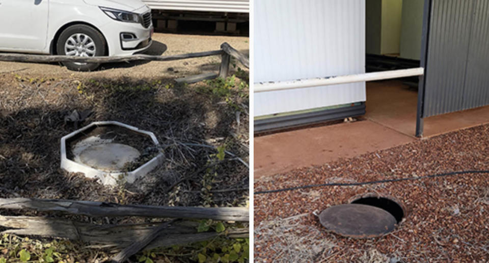 A septic tank with a closed lid with a car nearby (left) and a septic tank near toilets (right). 
