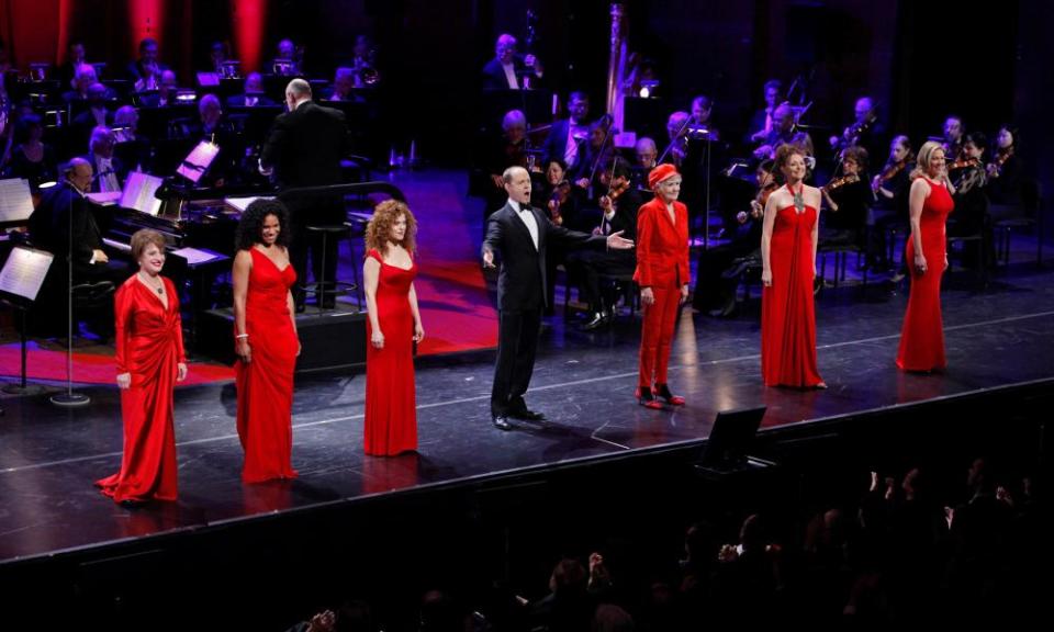 A lot to celebrate … (from left) Patti LuPone, Audra McDonald, Bernadette Peters, David Hyde Pierce, Elaine Stritch, Donna Murphy and Marin Mazzie at the Avery Fisher Hall concert to mark Sondheim’s 80th birthday.