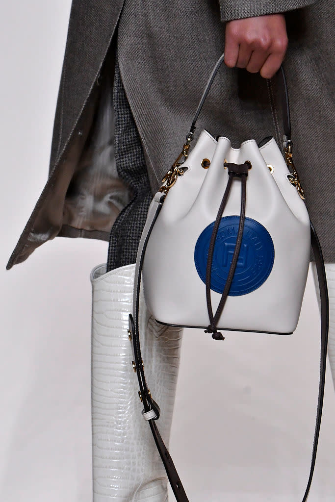 <p>A white bucket bag from the Fendi FW18 show. (Photo: Getty Images) </p>