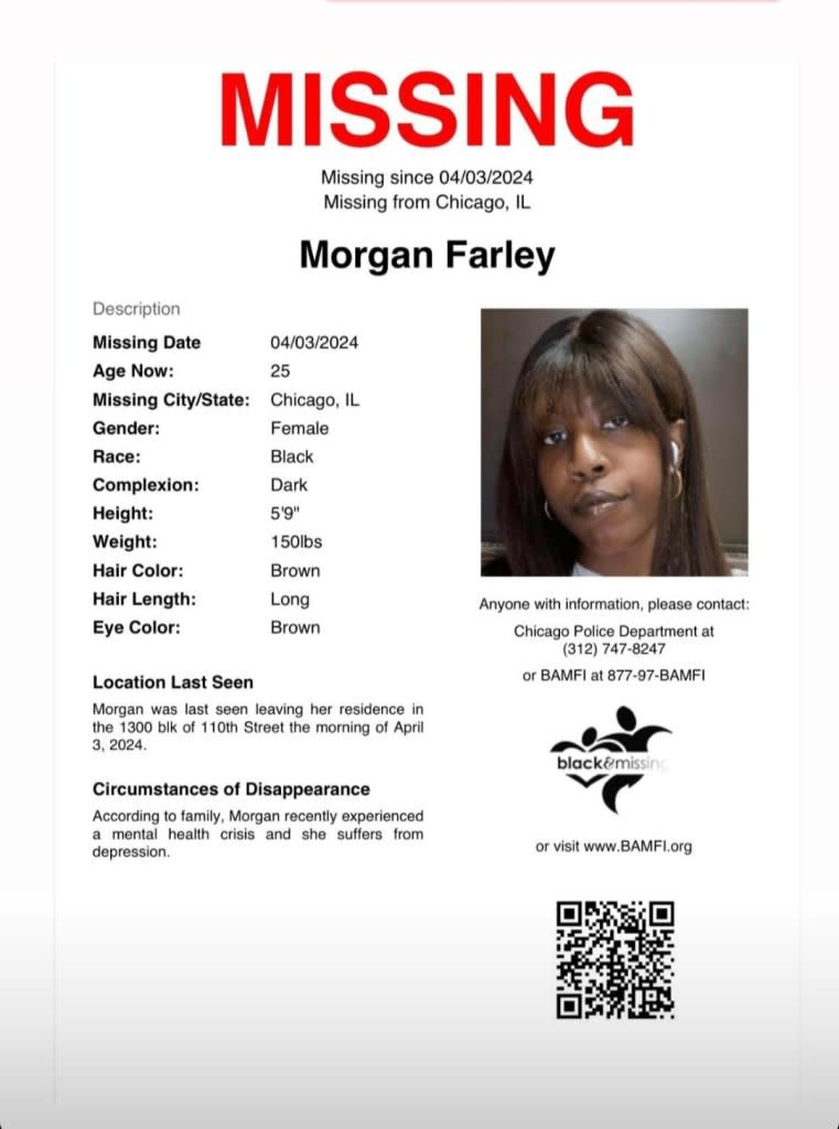 The Black and Missing Foundation created a missing person flyer of Morgan as the search for her widened. The Chicago Police Department eventually posted a flyer on its website on April 16. (Handout courtesy of Sam Farley)