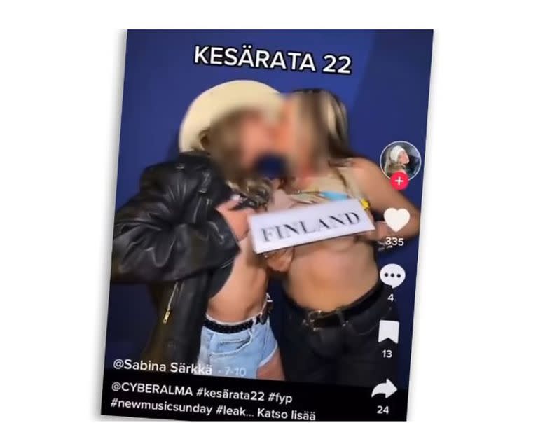 Una captura de pantalla de la foto tomada en la residencia oficial del Primer Ministro en Kesäranta, en la que aparecen dos mujeres besándose y que fue publicada en la cuenta de Tiktok de la modelo Sabina Särkkä. El video fue eliminado tiempo después.