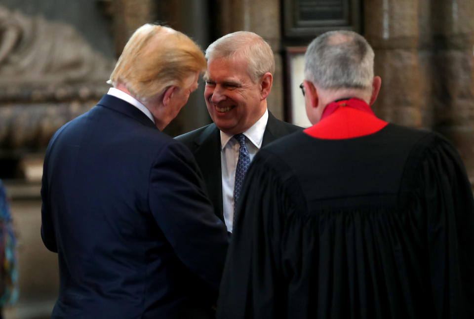 LONDON, ENGLAND - JUNE 03:  Prince Andrew, Duke of York smiles and shakes hands with US President Donald Trump during the visit to Westminster Abbey on June 03, 2019 in London, England. President Trump's three-day state visit will include lunch with the Queen, and a State Banquet at Buckingham Palace, as well as business meetings with the Prime Minister and the Duke of York, before travelling to Portsmouth to mark the 75th anniversary of the D-Day landings. (Photo by Chris Jackson/Getty Images)