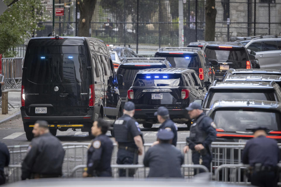 Former President Donald Trump's motorcade leaves the Criminal Courthouse via the Manhattan District Attorney's office in New York on Monday, April 15, 2024. (AP Photo/Stefan Jeremiah)