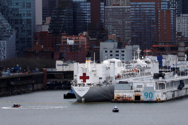 The USNS Comfort is seen docked at Pier 90 in Manhattan during the outbreak of the coronavirus disease (COVID-19) in New York