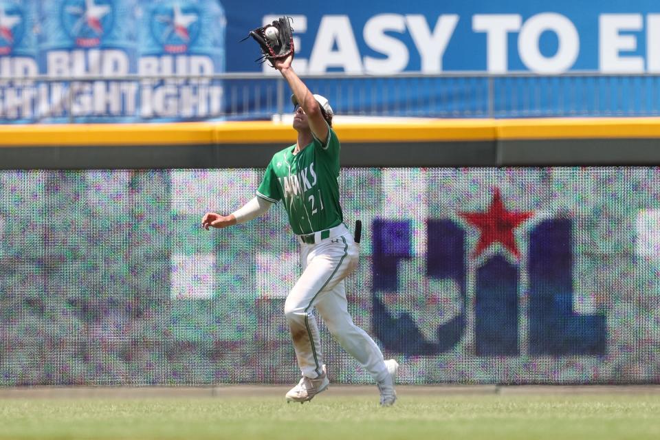 Wall's Luke Kemp catches a fly ball during the Class 3A semifinal on Friday, June 9, 2023, at Dell Diamond in Round Rock, Texas.
