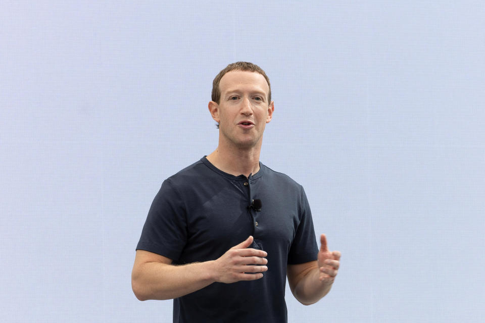 Meta CEO Mark Zuckerberg delivers a speech during the Meta Connect event at the company's headquarters in Menlo Park, California, U.S., September 27, 2023. REUTERS/Carlos Barria/File Photo