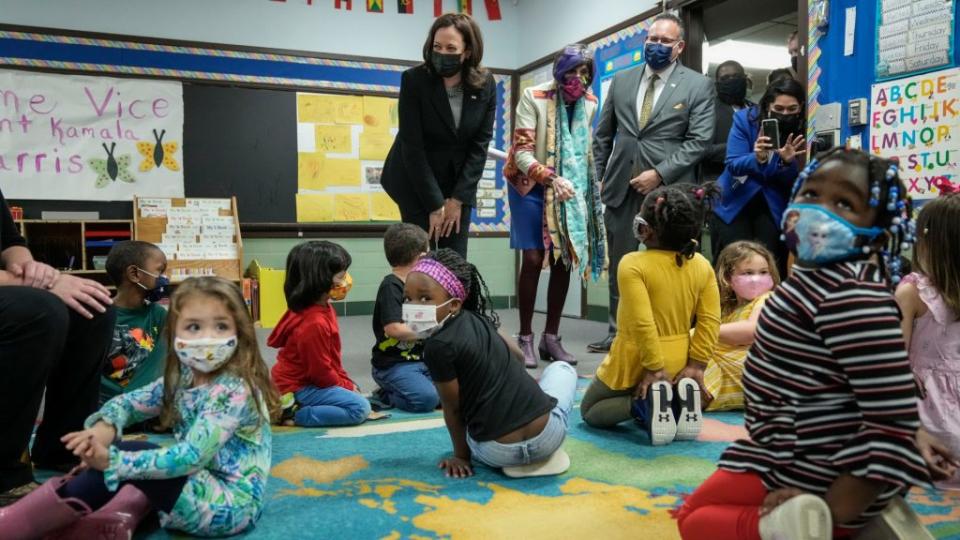 Vice President Kamala Harris, Connecticut Rep. Rosa DeLauro and Secretary of Education Miguel Cardona visit a classroom at West Haven Child Development Center last month in West Haven, Connecticut. (Photo by Drew Angerer/Getty Images)