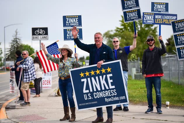 Former Interior Secretary Ryan Zinke, who is running as a Republican for a U.S. House seat, campaigns June 7 in Kalispell, Montana. He has again missed a deadline for filing a financial disclosure statement on his campaign. (Photo: Casey Kreider/The Daily Inter Lake via Associated Press)