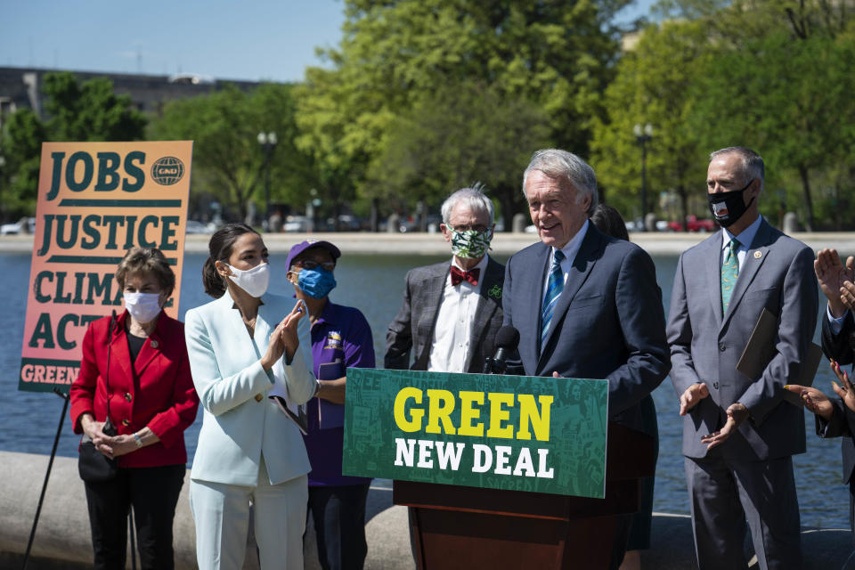 Sen. Ed Markey (D-MA) speaks during a news conference held to re-introduce the Green New Deal at the West Front of the U.S. Capitol on April 20, 2021 in Washington, DC. The news conference was held ahead of Earth Day later this week. (Sarah Silbiger/Getty Images)