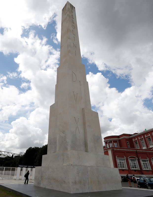 FILE PHOTO: An obelisk to Benito Mussolini also known as Dux, a controversial figure in the history of Italy, stands in Rome