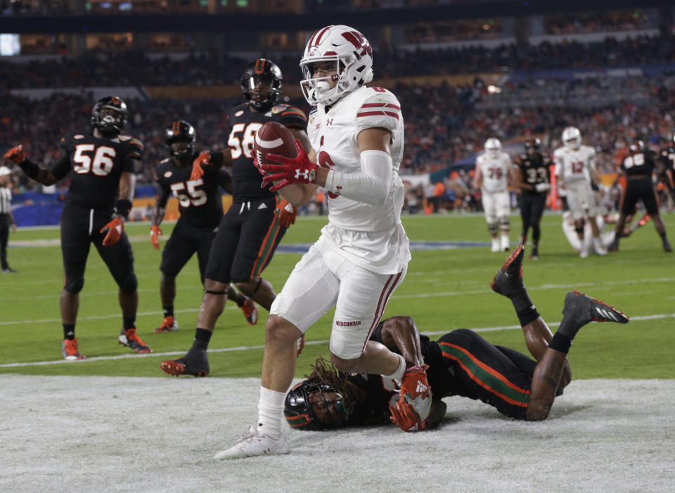 Wisconsin wide receiver Danny Davis III (6) was named in a sexual assault complaint against fellow wide receiver Quintez Cephus. (AP Photo/Lynne Sladky)