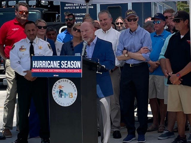 State Rep. Spencer Roach talks about his experience living in a trailer for months after Hurricane Ian in 2022 during a Thursday, May 30, 20204, hurricane preparedness press conference outside The RUDE Shrimp, 450 Harbor Ct., on Fort Myers Beach.