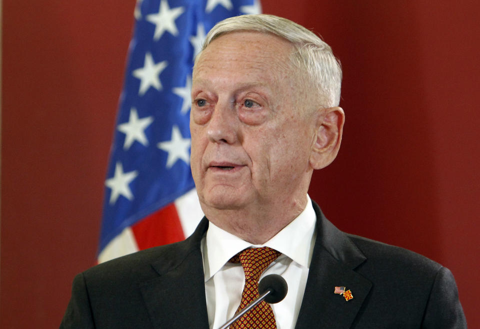 U.S. Defense Secretary James Mattis talks to the media in presence of Macedonian Prime Minister Zoran Zaev following their meeting at the government building in Skopje, Macedonia, Monday, Sept. 17, 2018. Mattis arrived in Macedonia Monday, condemning Russian efforts to use its money and influence to build opposition to an upcoming vote that could pave the way for the country to join NATO, a move Moscow opposes. (AP Photo/Boris Grdanoski)