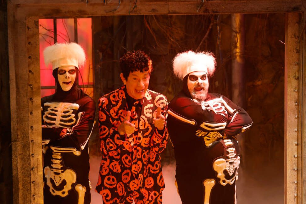 SATURDAY NIGHT LIVE -- “Jack Harlow” Episode 1830 -- Pictured: (l-r) Mikey Day, Tom Hanks, and Bobby Moynihan during the “David S. Pumkpins” sketch on Saturday, October 29, 2022 -- (Photo by: Will Heath/NBC)