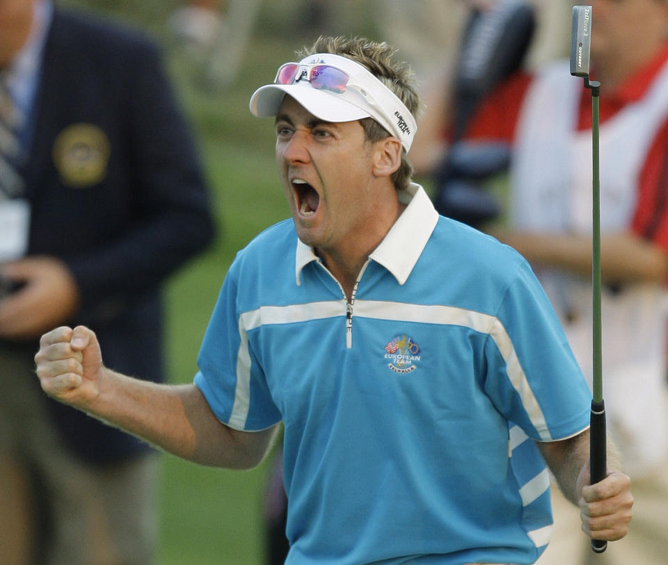 FILE - Europe's Ian Poulter reacts after his putt on the 18th hole during a four-ball match at the Ryder Cup golf tournament at the Valhalla Golf Club, in Louisville, Ky., in this Saturday, Sept. 20, 2008, file photo. (AP Photo/Chris O'Meara, File)