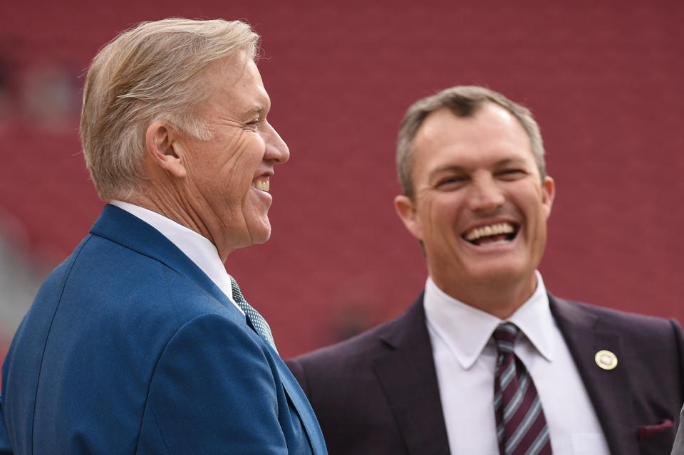 SANTA CLARA, CA - DECEMBER 09:  Denver Broncos General Manager John Elway and San Francisco 49ers General Manager John Lynch before the NFL football game between the Denver Broncos and the San Francisco 49ers on December 9, 2018 at Levi's Stadium in Santa Clara, CA. (Photo by Cody Glenn/Icon Sportswire via Getty Images)