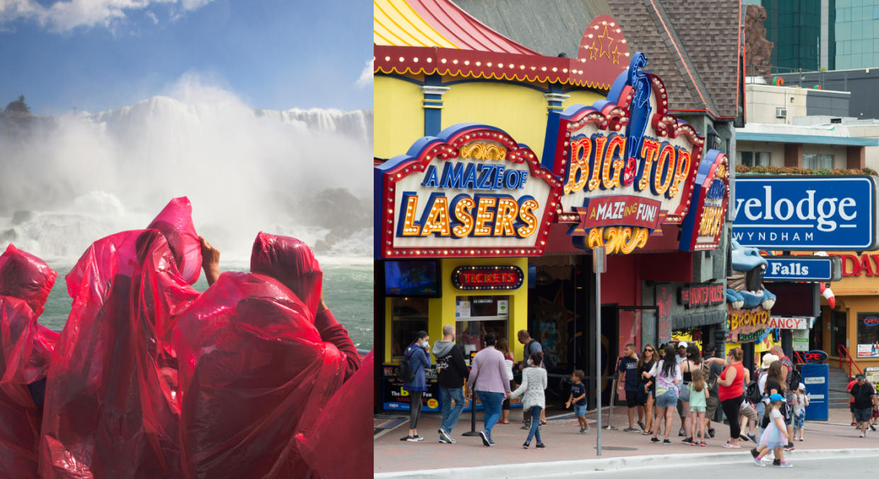 (left) tourists take a boat to be close to Niagara Falls. (right) tourists walk the Ontario city