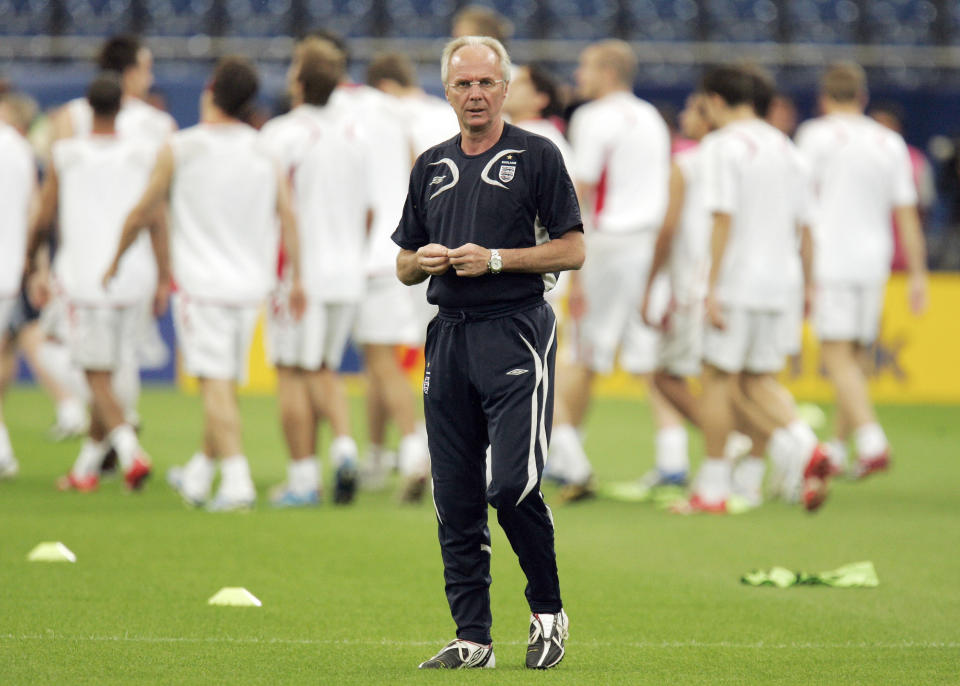 FILE - Then England coach Sven Goran Eriksson looks on during an official training session in Gelsenkirchen Germany, Friday, June 30, 2006 prior to the quarterfinal World Cup soccer match against Portugal. Swedish soccer coach Sven-Goran Eriksson says he has cancer and might have less than a year to live. The former England coach has told Swedish Radio he discovered he had cancer after collapsing suddenly. (AP Photo/Mark J. Terrill, File)
