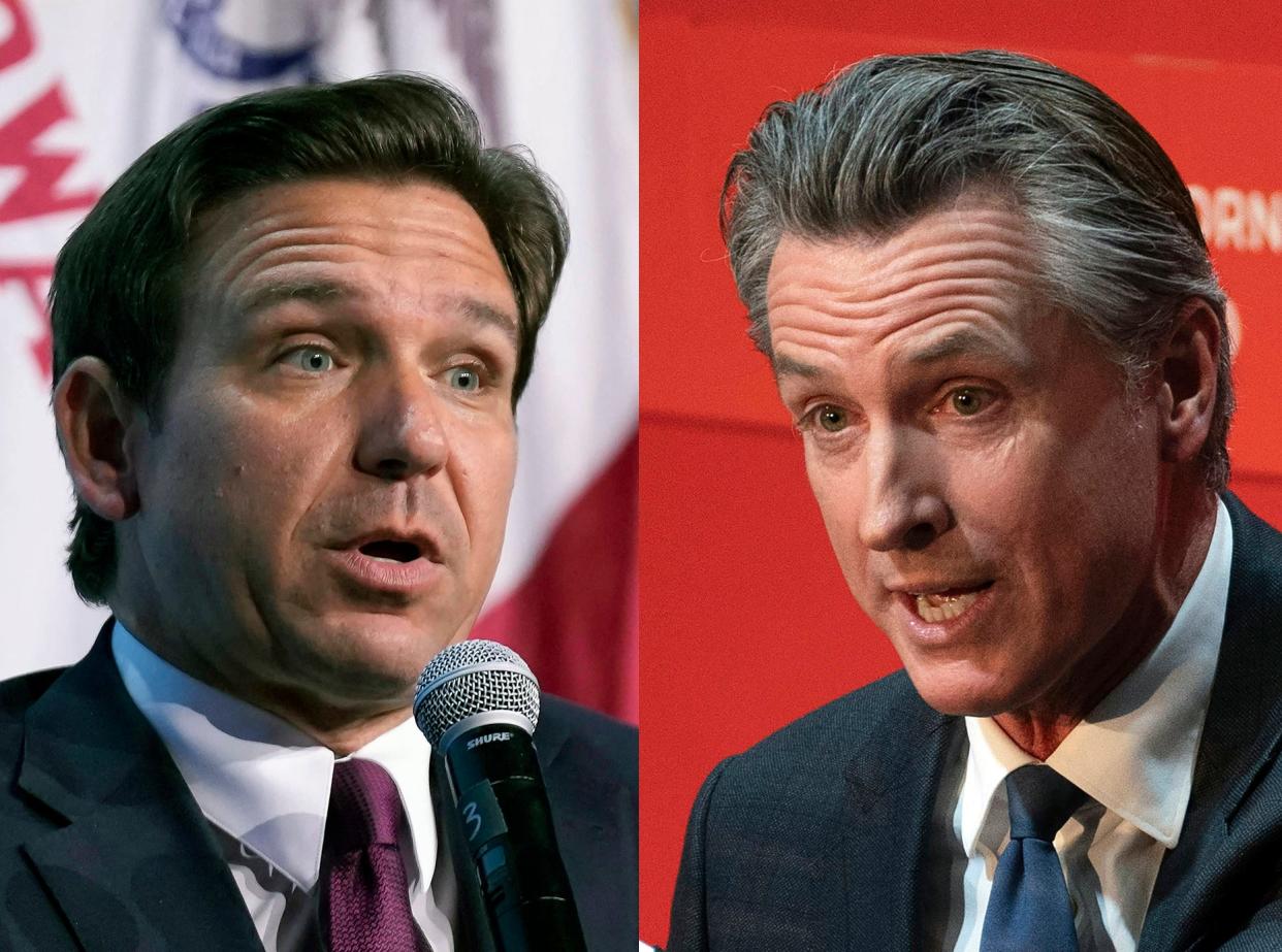 In this combination of photos, Republican presidential candidate Florida Gov. Ron DeSantis speaks on Sept. 16, 2023, in Des Moines, Iowa, at left, and California Gov. Gavin Newsom, speaks on Sept. 12, 2023, in Sacramento, Calif. (AP Photo)