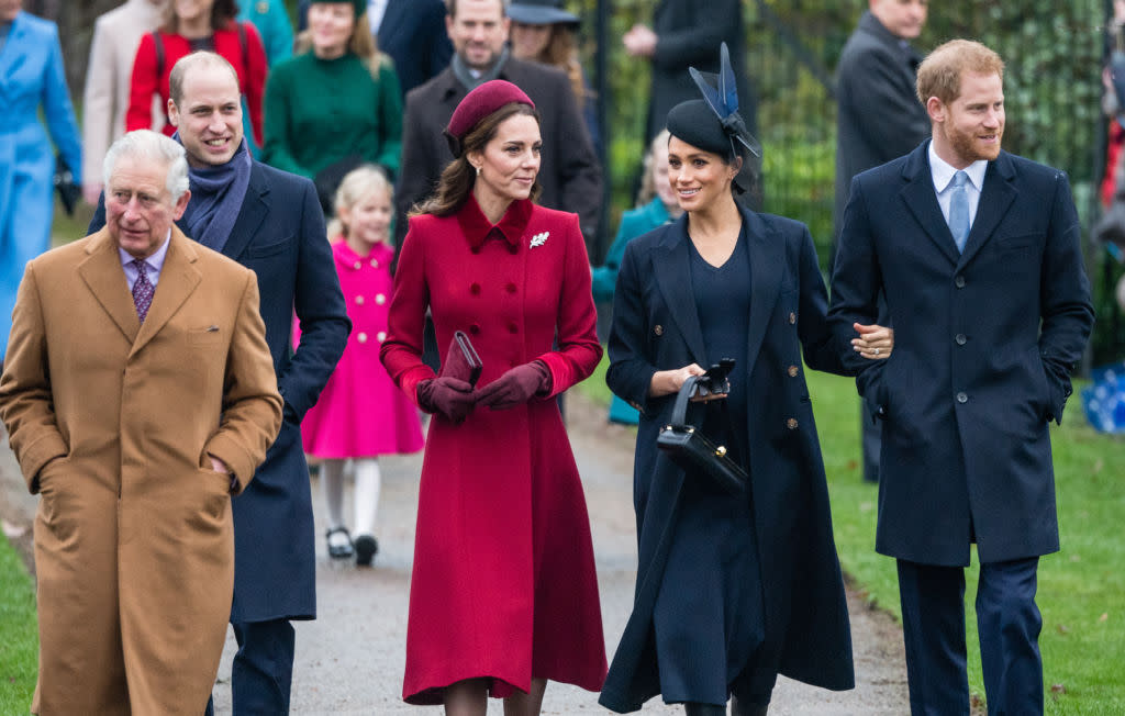 Prince Charles, Prince of Wales, Prince William, Duke of Cambridge, Catherine, Duchess of Cambridge, Meghan, Duchess of Sussex and Prince Harry pictured on Christmas Day 2018. [Photo: Getty]