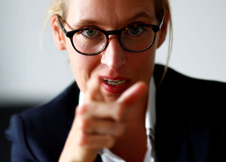 FILE PHOTO: Anti-immigration party Alternative fuer Deutschland (AfD) top candidate for the upcoming general election Alice Weidel gestures during an interview with Reuters in Berlin, Germany July 20, 2017. REUTERS/Joachim Herrmann/File Photo