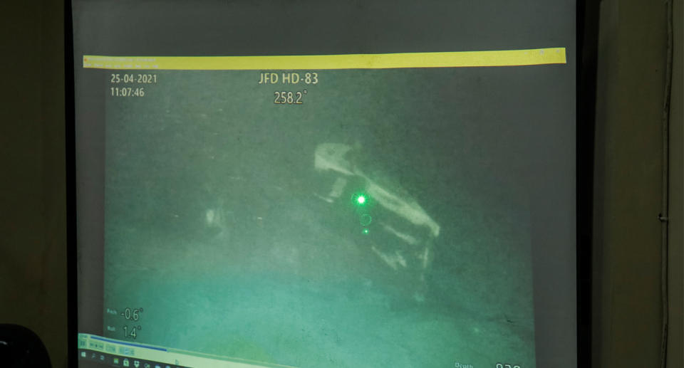 Part of the sunken Indonesian Navy submarine KRI Nanggala 402 taken from Remotely Operated Vehicle (ROV). Source: Getty