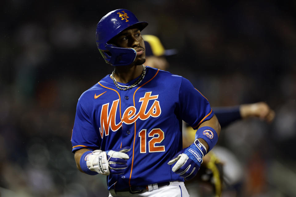 New York Mets' Francisco Lindor reacts after grounding out during the ninth inning of a baseball game against the Milwaukee Brewers, Monday, June 26, 2023, in New York. (AP Photo/Adam Hunger)