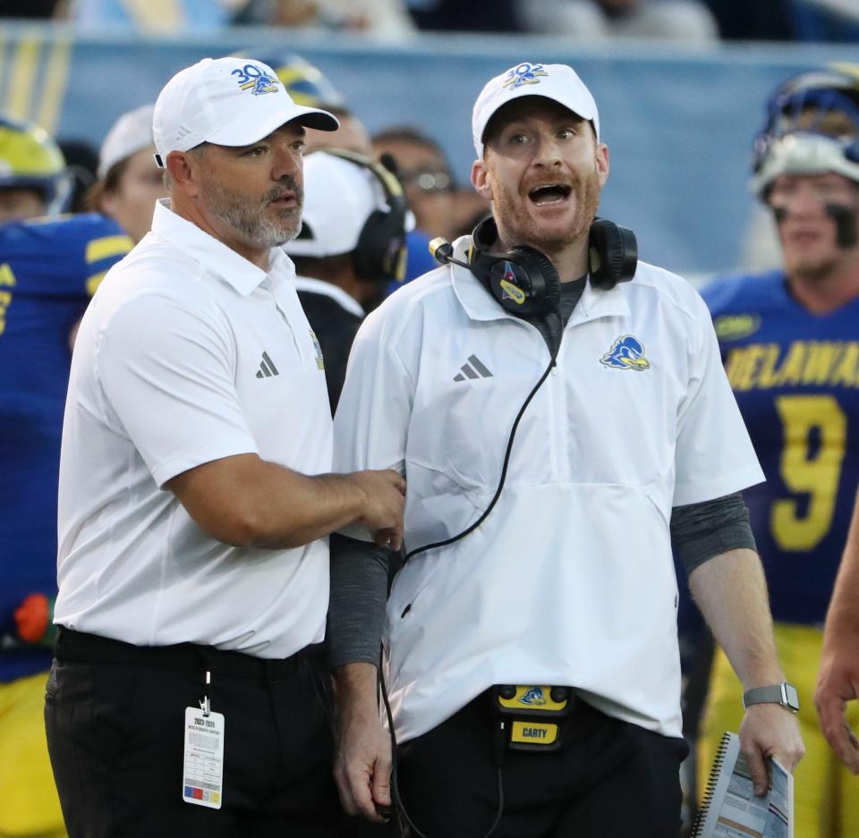 Delaware head coach Ryan Carty reacts to referees after an altercation following Delaware's second of three second quarter touchdowns against St. Francis at Delaware Stadium, Saturday Sept. 16, 2023.