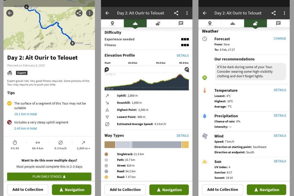 Screenshots of Komoot's pre-ride screens