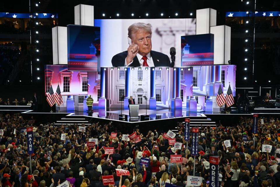 Donald Trump arrives onstage to accept his party's nomination on the last day of the 2024 Republican National Convention in Milwaukee, Wisconsin, on July 18, 2024 (AFP via Getty Images)