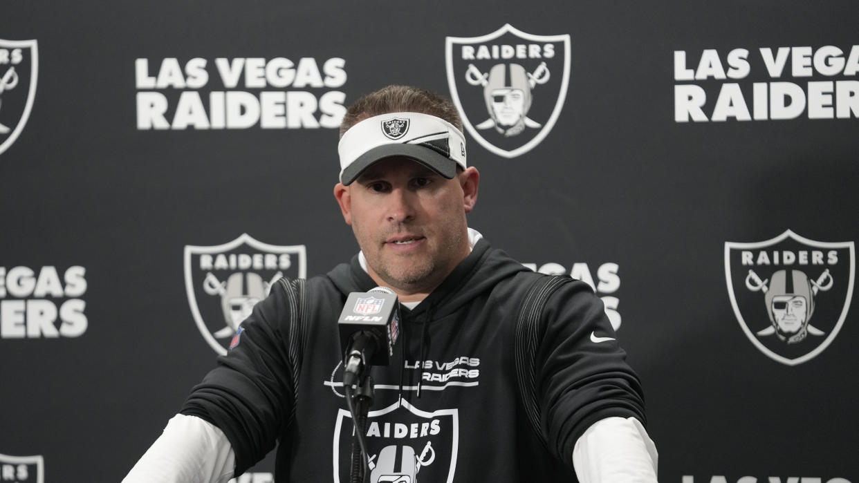 Las Vegas Raiders head coach Josh McDaniels addresses the media after the NFL football game against the Detroit Lions, Monday, Oct. 30, 2023, in Detroit. (AP Photo/Paul Sancya)