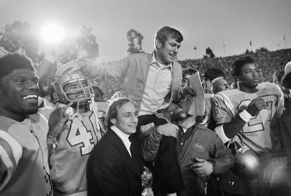 UCLA head coach Dick Vermeil is carried from the field by his players after the Bruins upset Ohio State 23-10 in the Rose Bowl, Jan. 1, 1976 in Pasadena, California.