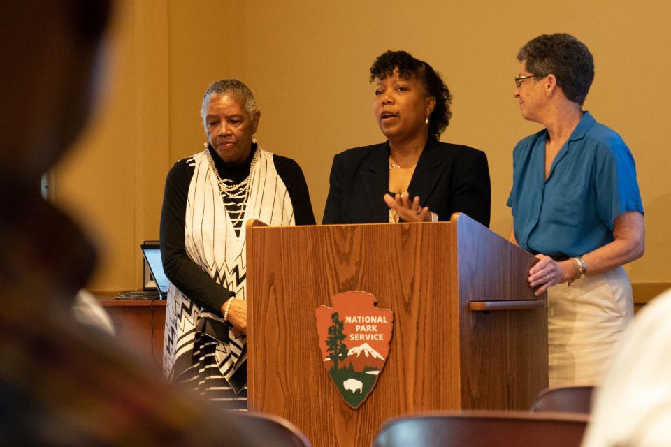 From left, Marty Patterson, Sherri Camp and Karen Hiller on Wednesday lead a discussion about the release of video interviews covering desegregation in Topeka following the Brown v. Board of Education Supreme Court Case.