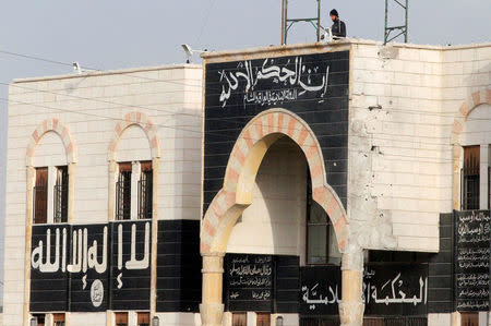 FILE PHOTO: A rebel fighter stands atop a former base used by fighters from the Islamic State in Iraq and the Levant (ISIL) after rebel fighters captured it from the ISIL in al-Dana town in Idlib province, Syria January 9, 2014. REUTERS/Abdalghne Karoof /File Photo