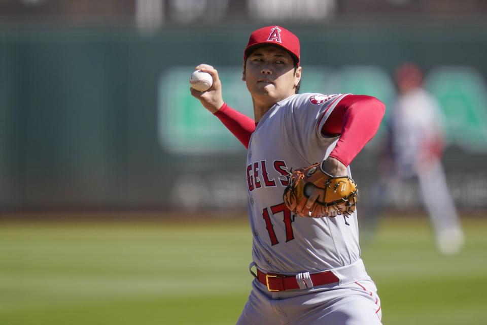 Angels' Shohei Ohtani pitches against the Oakland Athletics during the first inning.