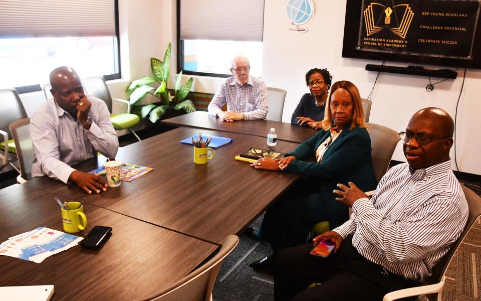 Aspiration Academy board members discuss their plans for the after-school program scheduled to kick off in 2025 at Cambridge Elementary School in Cocoa. Left to right: Samuel Jordan, Bob Barnes, Thelma Bryan, Debbie Lyons and Bernard Bryan. Board member Comrade Martinez was not in attendance.