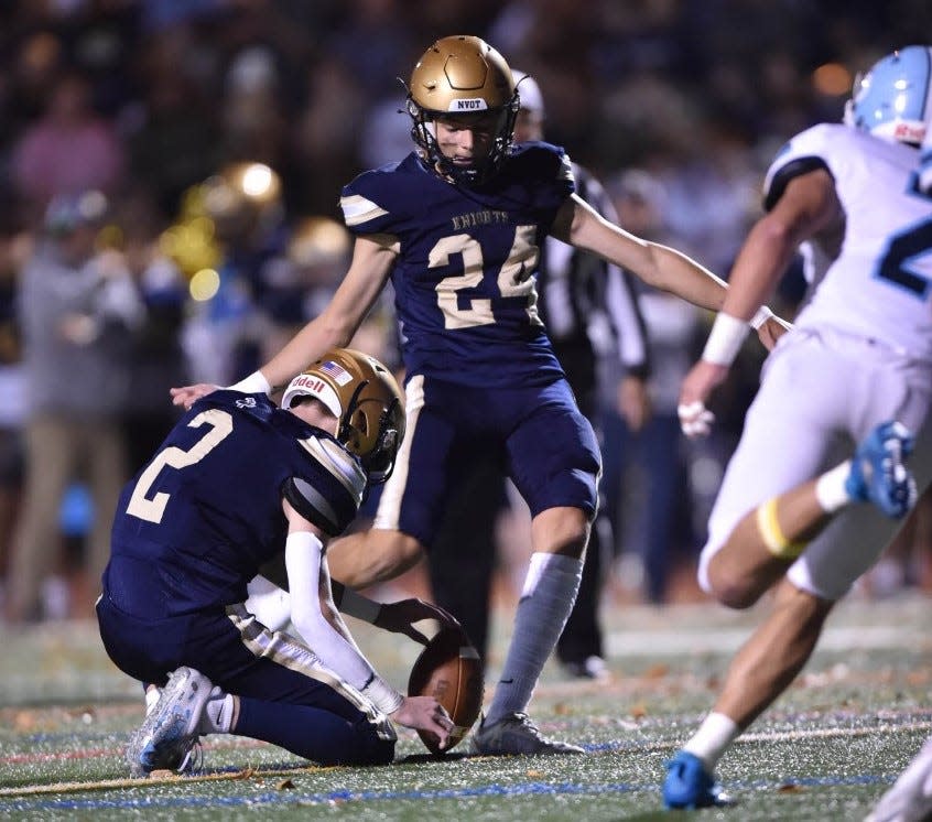 Old Tappan junior Nico Ottomanelli kicks a 28-yard field goal against Sparta in the North 1, Group 3 football semifinals on Nov. 4, 2022.